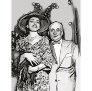 A stylized, sketch-like image of a woman wearing a large hat and patterned dress, standing next to a man in formal attire. Both appear poised and elegant, with a background suggesting an elaborate setting.