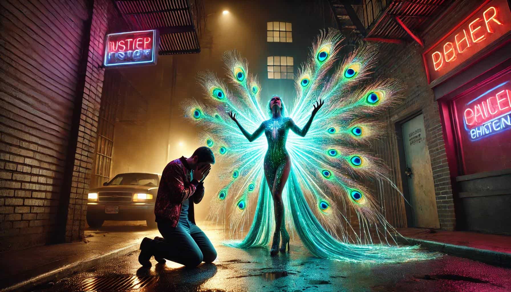 A surreal and dramatic nighttime urban alley scene